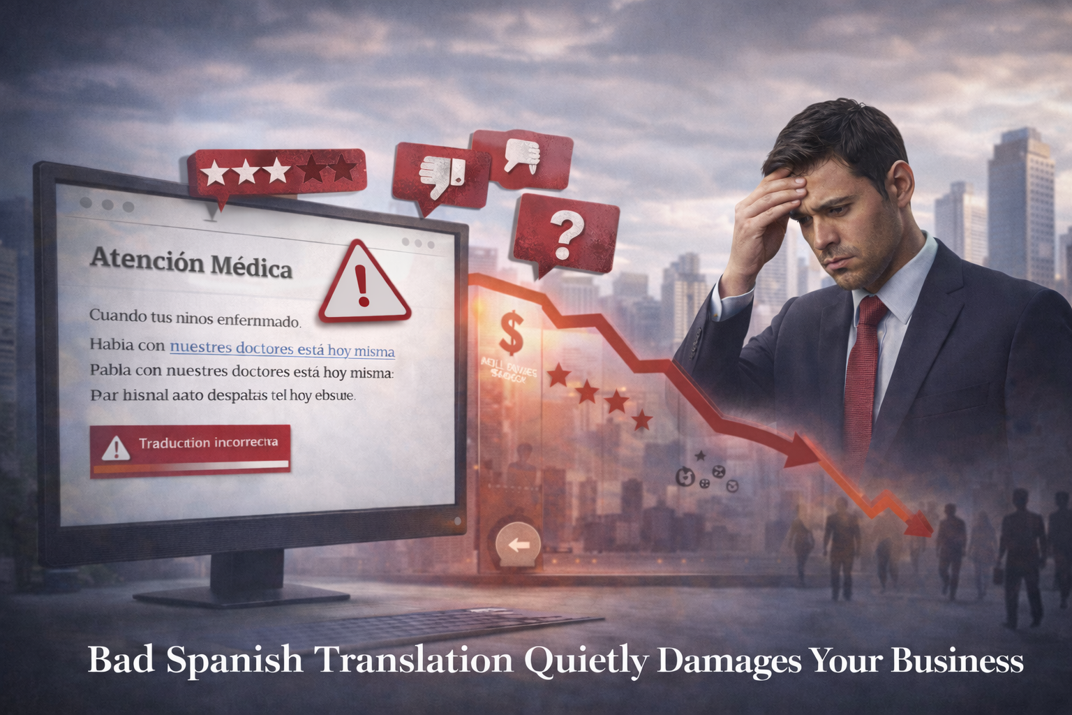 Incorrect Spanish translation errors cause revenue graph declines, illustrating how poor Spanish website translation damages business performance and customer trust.