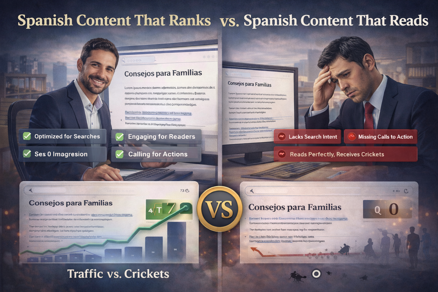 Spanish content ranking comparison showing SEO-optimized Spanish page driving traffic versus translated Spanish page receiving no clicks or search visibility