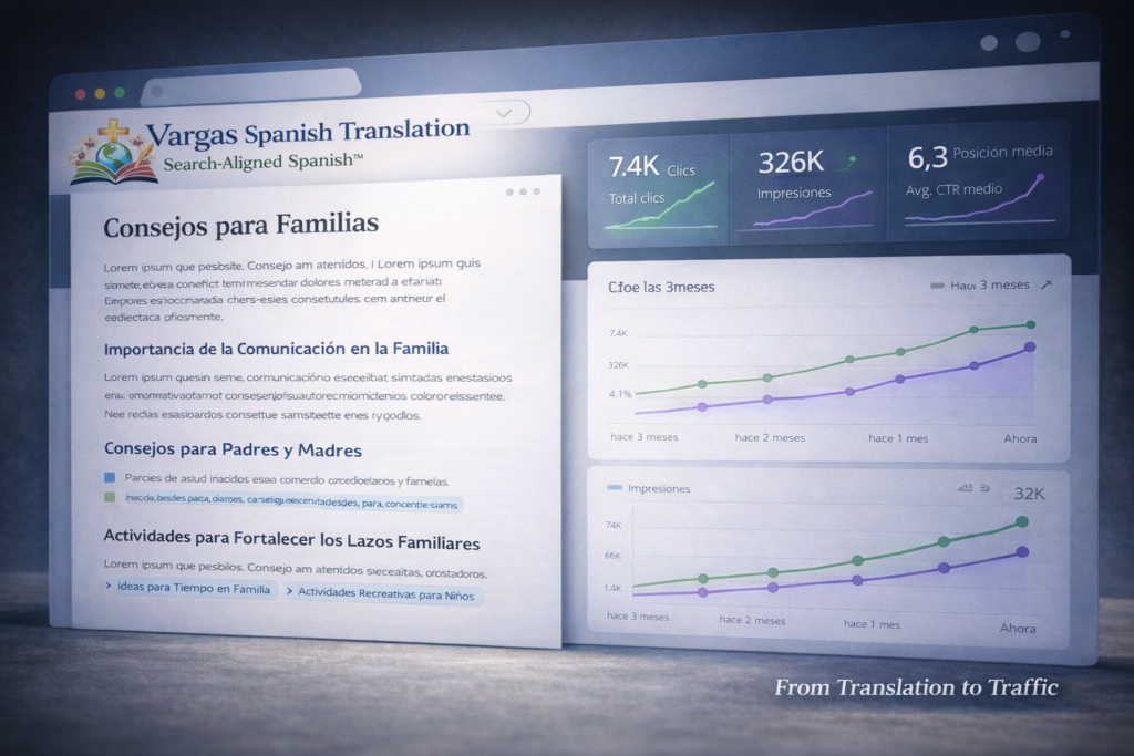 Spanish SEO translation example showing optimized Spanish webpage with rising Google Search Console metrics, branded by Vargas Spanish Translation SEO & AEO Search-Ready services.